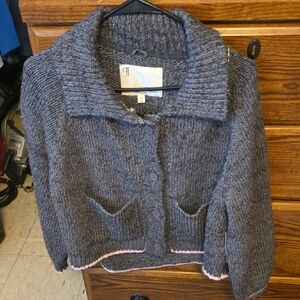 Anthropologie Gray Knit Button-Front Cardigan with Pink Trim